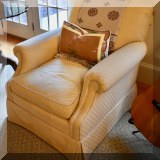 F16. Howell club chair with custom yellow diamond pattern upholstery. 33”h x 34”w x 39”d 